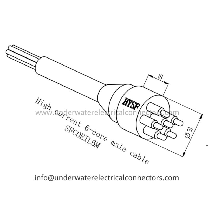 HYSF SFCOEIL6M High Current 6-Core 5/8 Male Inline Underwater Connector