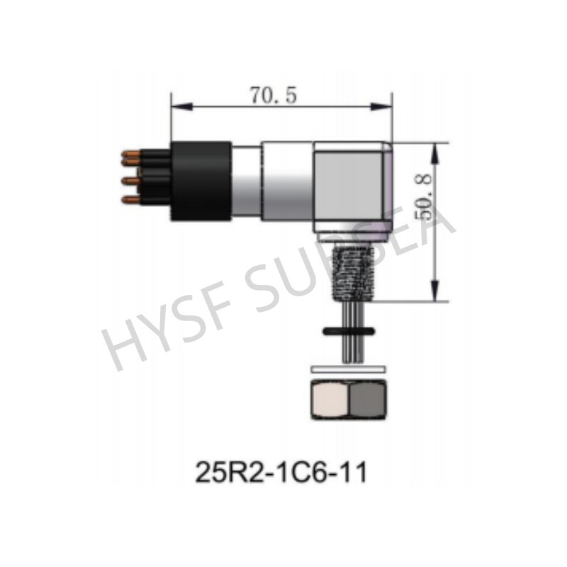 HYSF 25R2-1C6-11 Right Angle Hybrid Subsea Connector | 1 Coaxial + 6 Contacts Underwater Right Angle Bulkhead Connector | Metal Shell 55 Series Right Angle Bulkhead | Burton Compatible Hybrid Series