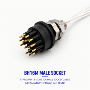 HYSF SUBSEA BH16M Standard Circular 16-pin male bulkhead underwater connector with 316L stainless steel housing, gold-plated contacts, 3/4-16 UNF mounting thread and 0.3-meter internal wire leads