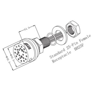 HYSF SUBSEA BH25F Standard Circular 25-pin female bulkhead underwater connector with 316L stainless steel housing, gold-plated contacts, 3/4-16 UNF mounting thread and 0.3-meter internal wire leads